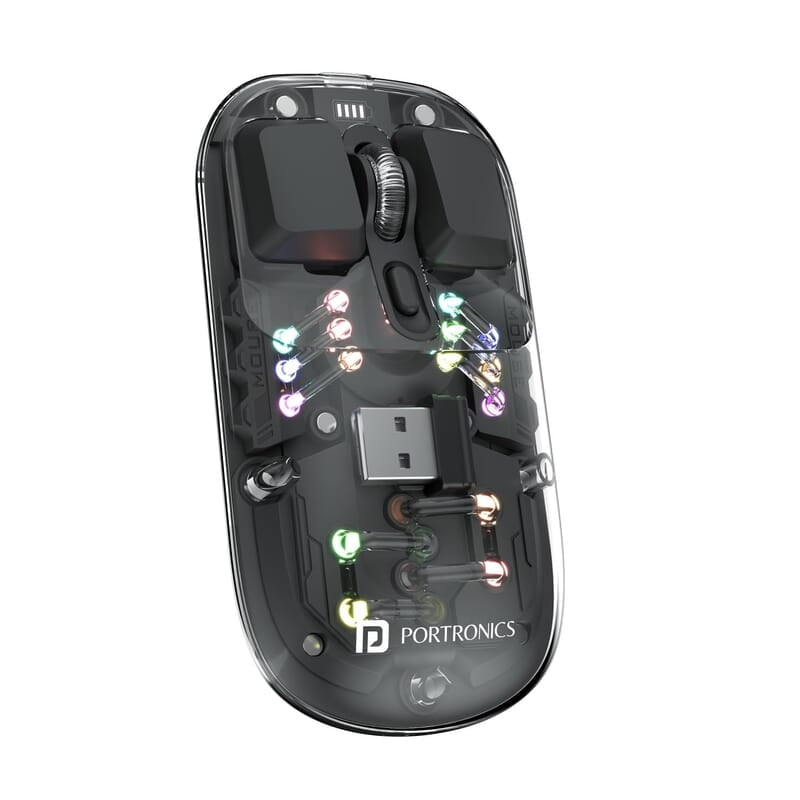 Portronics Toad 5 Transparent Bluetooth Mouse with 2.4 GHz & BT 5.3 Dual Wireless, Rechargeable, RGB Lights, Connect 3 Devices, Sleek Design for Laptop, Smartphone, Tablet