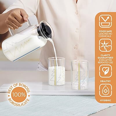 Borosil Artisan Series Sintra 1000ml Multipurpose Jug with 2 pc Medium (295 ml) Glass Set | 100% Borosilicate, Fridge & Freezer, Dishwasher Safe | Glass Jug with Tumbler | Transparent