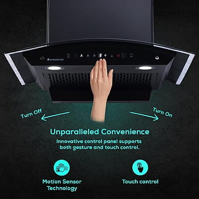 Wonderchef Ultima C-Line 60cm 1400 m3/hr Auto Clean Curved Glass Chimney 1400M3/Hr powerful suction