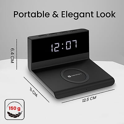 Portronics Freedom 4A Digital Alarm Clock with 15 W Fast Wireless Mobile Charger, Compatible with The iPhone Series