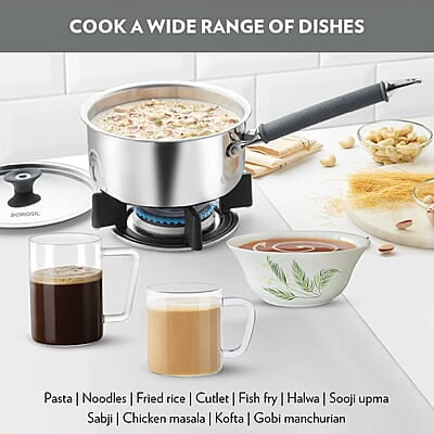 Borosil Cookfresh Tri-ply Stainless Steel Sauce Pan with Lid, Induction Friendly Tea Pan, 2.2 L, 18 cm Dia Borosil Cookfresh Tri-ply Stainless Steel Sauce Pan with Lid, Induction Friendly Tea Pan, 2.2 L, 18 cm Dia