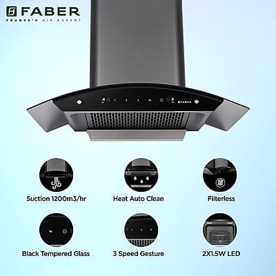 Faber 75 cm, 1200 m³/hr,Auto-Clean curved glass Kitchen Chimney (HOOD SUNNY HC SC BK 75, Filterless technology