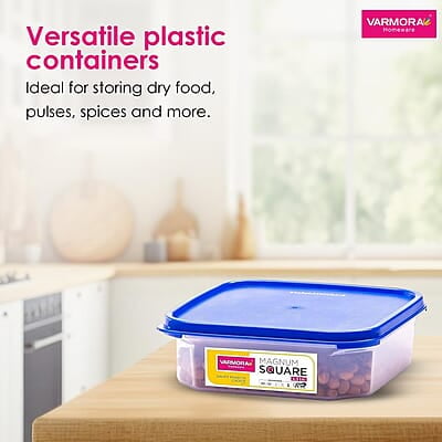 Varmora Magnum Square Smart Kitchen Storage Plastic Container – Blue Lid (1.3 Litres)(Pack of 8) Varmora Magnum Square Smart Kitchen Storage Plastic Container – Blue Lid (1.3 Litres)(Pack of 8)
