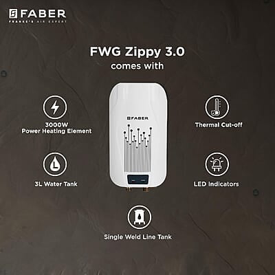 Faber Zippy Instant Geyser 3 Litre 3000W Powerful Heating Superior Energy Efficiency