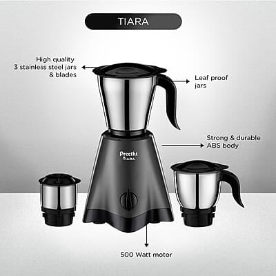 Preethi Tiara Mixer Grinder for Kitchen - 3 Jars 500 Watt Mixie - Chutney Jar & Dry Grinder Jar
