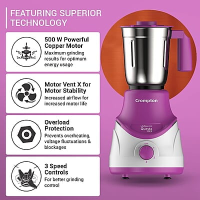 Crompton QUESTA DLX Mixer Grinder 100% Copper Motor & Motor Vent-X Technology (3 Stainless Steel Jars, Lavender)