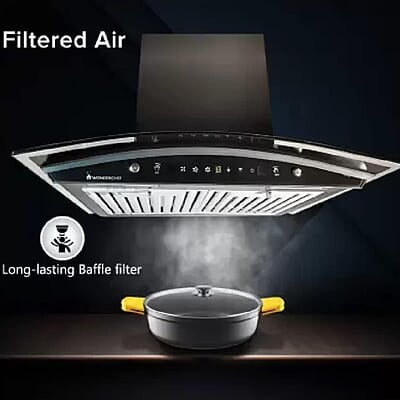 Wonderchef Power Curve Wall-Mount Chimney 1000M3/H Suction Capacity 3 Speed Push Control Low Noise 60cms