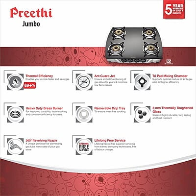 Preethi Blu Flame Jumbo Glass top 4 Burner Gas Stove, Manual Ignition,