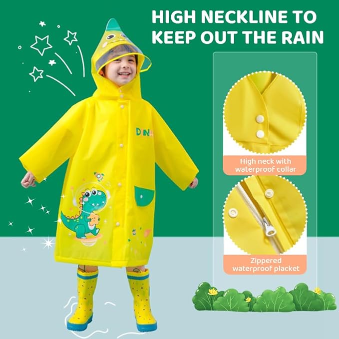 Dinosaur Kids Rain Coat EVA Hooded Jacket with Transparent Wide Brim Cartoon for Boys Girls 5-6 Years(No Boots Included)