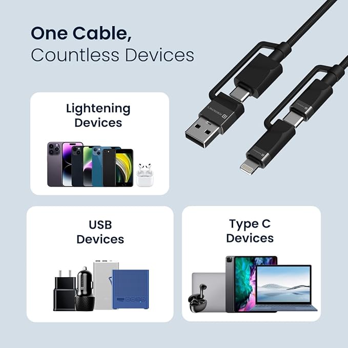 Portronics Omnicord 60W 4 in 1 Nylon Braided Fast Charging Cable With Multiple Port, Type C to Type C/Lightening, USB A, Fast Data Sync, Compatible With Type C Devices, Tablets/ipads & Laptop/Macbook Portronics Omnicord 60W 4 in 1 Nylon Braided Fast Charging Cable With Multiple Port, Type C to Type C/Lightening, USB A, Fast Data Sync, Compatible With Type C Devices, Tablets/ipads & Laptop/Macbook