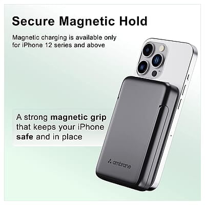 Ambrane 10000mAh Magnetic Wireless Power Bank with Stand, 15W Wireless Fast Charging, Compact 22.5W PD Wired Charger, Compatible with iPhone 12/13/14/15 & Other Wireless Devices