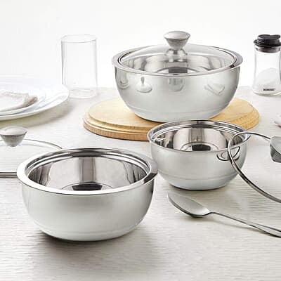Borosil Stainless Steel Curry Server (Silver, 500ml, 900ml, 1.5L) - 3 Pc Set