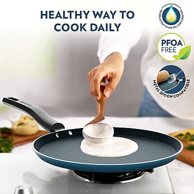 Borosil ProChef Non-Stick Aluminum Flat Tawa 25 cm | Gas Stove Compatible, Thick Uniform Body for Even Heating, Dishwasher Safe | 5 Layer Nonstick Coating, PFOA Free | 1 Year Warranty | Blue