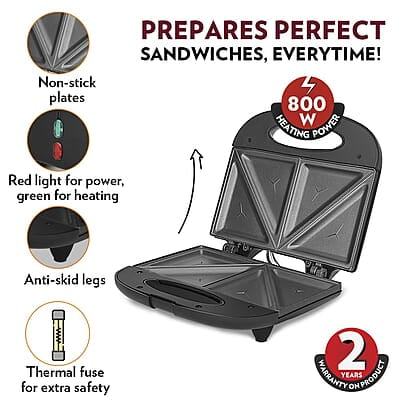 Borosil Klassy 800 Watt Sandwich Maker, 2 Slice Sandwich Maker, Non-stick Nontoxic plates opens 90°, BPA & PTFE Free Borosil Klassy 800 Watt Sandwich Maker, 2 Slice Sandwich Maker, Non-stick Nontoxic plates opens 90°, BPA & PTFE Free