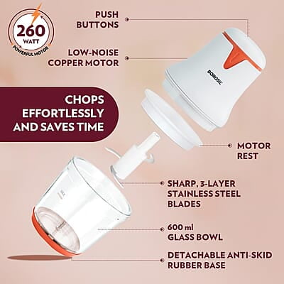 Borosil Chef Delite 260W Electric Glass Chopper For Kitchen Use | White Chopper | Low Noise Operation | Kitchen Accessories Items | Stainless Steel Blades, Whisking Blade for Cream, Chaas, Lassi