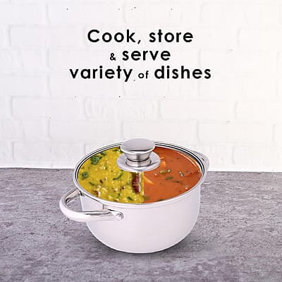 Wonderchef Nigella Stainless Steel Casserole with Lid Curved Body Glass Lid with Steam Vent 16cm Wonderchef Nigella Stainless Steel Casserole with Lid Curved Body Glass Lid with Steam Vent 16cm