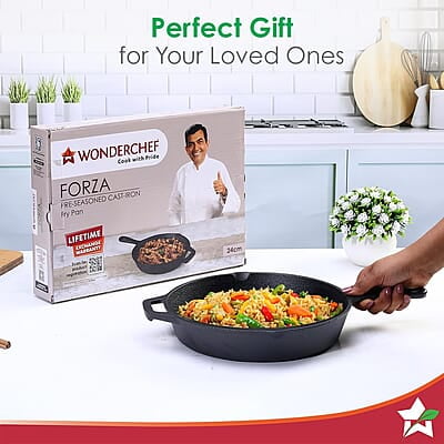 Wonderchef Forza Cast-Iron Fry Pan, Pre-Seasoned Cookware, Induction Friendly, 24cm, 3.8mm