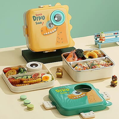 Stainless Steel Cartoon Print Bento Box for Kids - 3-Compartment Design with Double Layer Stainless Steel Cartoon Print Bento Box for Kids - 3-Compartment Design with Double Layer