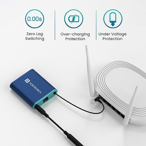Portronics Power Plus Advanced Mini Router UPS for 12V DC WiFi Router Broadband Modem, 4 Hours Playback, Router UPS Power Backup During Power Cuts, Surge & Discharge Protection, Portable UPS(Blue) Portronics Power Plus Advanced Mini Router UPS for 12V DC WiFi Router Broadband Modem, 4 Hours Playback, Router UPS Power Backup During Power Cuts, Surge & Discharge Protection, Portable UPS(Blue)