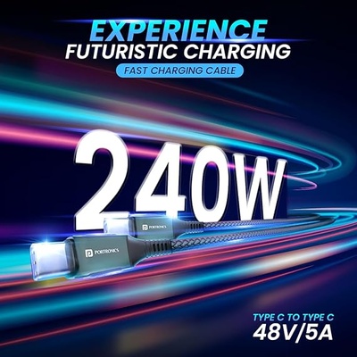 Portronics Konnect 240C Type C to Type C Fast Charging Cable with 240W Max Output, Nylon Braided, Tangle Free, 1.2M Long, Supports Laptop Charging(Black) Portronics Konnect 240C Type C to Type C Fast Charging Cable with 240W Max Output, Nylon Braided, Tangle Free, 1.2M Long, Supports Laptop Charging(Black)
