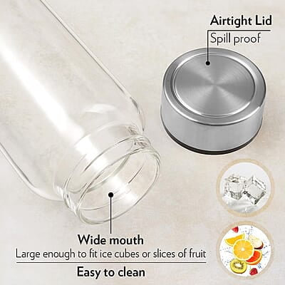Borosil Crysto Wide Mouth Glass Water Bottle with Stainless Steel Lid | 750ml, Borosilicate Glass, Leakproof, Easy to Carry, Fridge & Dishwasher Safe | Can Use For, Lassi, Juice, Smoothies (3 Pc Set)