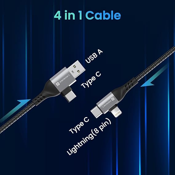 Portronics Konnect 4 IN 1 Multi Functional Charging Cable with Type C to Type C, Type C to Lightning, Supports Data Transfer, Compatible with All Android & iOs Smartphones, Tablet/Ipads & Macbook Portronics Konnect 4 IN 1 Multi Functional Charging Cable with Type C to Type C, Type C to Lightning, Supports Data Transfer, Compatible with All Android & iOs Smartphones, Tablet/Ipads & Macbook
