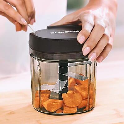 Borosil EazyPull Chopper with 6 Blades, Pull Chopper with Durable String, Mini Chopper for Kitchen, For Chopping Vegetables, Leafy Greens & Herbs, BPA-free, Unbreakable 900 ml Chopping Bowl