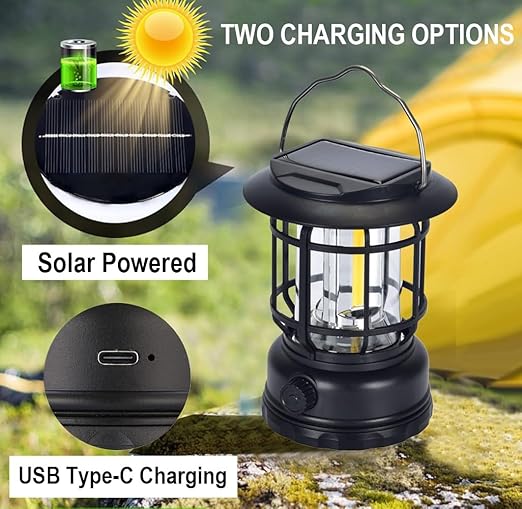 Solar Camping Lantern, USB Rechargeable Retro Dimmable Horse Camp Lamp Outdoor