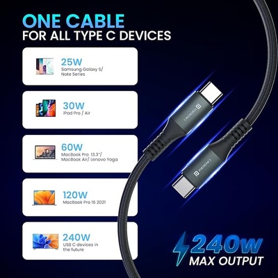 Portronics Konnect 240C Type C to Type C Fast Charging Cable with 240W Max Output, Nylon Braided, Tangle Free, 1.2M Long, Supports Laptop Charging(Black) Portronics Konnect 240C Type C to Type C Fast Charging Cable with 240W Max Output, Nylon Braided, Tangle Free, 1.2M Long, Supports Laptop Charging(Black)