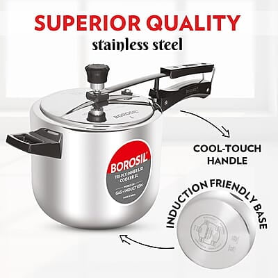 Borosil Triply Induction Base Inner Lid Stainless Steel Pressure Cooker, 5 L