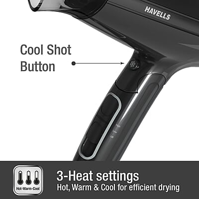Havells 1600W Unisex Foldable Hair Dryer 2 Heat Settings With Cool Shot (Hot/Warm) Effortless Hair Styling
