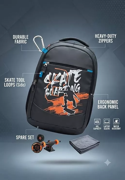 Skateboarding Graphic Backpack, Grey with Orange Print