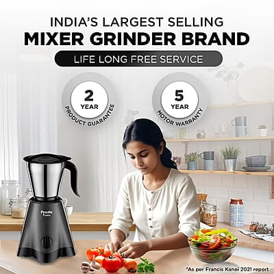 Preethi Tiara Mixer Grinder for Kitchen - 3 Jars 500 Watt Mixie - Chutney Jar & Dry Grinder Jar