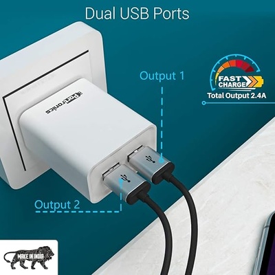 Portronics Adapto 66 POR-1066 2.4A Dual USB Ports Charging Adapter with 1M Micro USB Cable (White) Portronics Adapto 66 POR-1066 2.4A Dual USB Ports Charging Adapter with 1M Micro USB Cable (White)