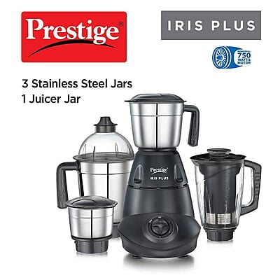 Prestige Iris Plus 750 W Mixer Grinder With 4 Jars (3 Stainless Steel Jars+ 1 Juicer Jar) 4 Super Efficient Stainless Blades Prestige Iris Plus 750 W Mixer Grinder With 4 Jars (3 Stainless Steel Jars+ 1 Juicer Jar) 4 Super Efficient Stainless Blades