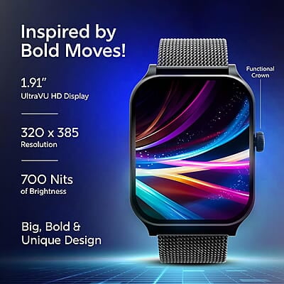 Fastrack New Limitless Classic|Large 1.91" Super UltraVU Display|Functional Crown|Highest 320x385 Pixel Resolution|SingleSync BT Calling|100+ Sports Modes|Metal Case Premium Smartwatch - Black Mesh