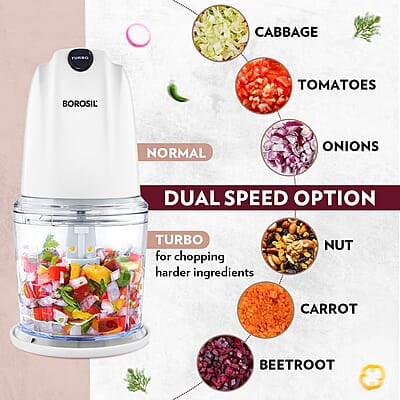 Borosil Chef Delite 260W Electric Chopper For Kitchen Use, White Chopper, Kitchen Accessories Items, Turbo Speed Option, Stainless Steel Blades, Whisking Blade for Cream, Chaas, Lassi