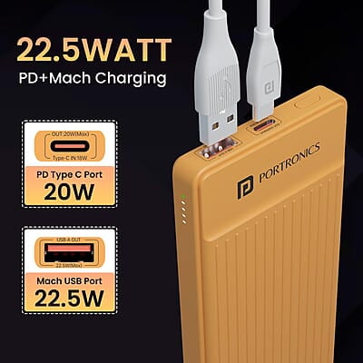 Portronics Luxcell B 10K 10000 mAh 22.5W Fast Charging Power Bank, Ultra Slim Power Bank with Mach USB-A Output, Type C PD Output