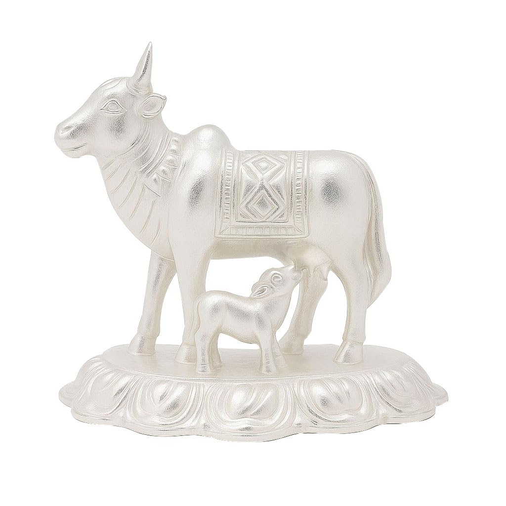 Silver Cow and Calf Idol | Komatha Statue for Pooja & Gifting