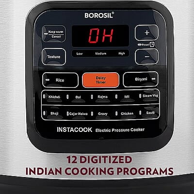 Borosil Instacook 6 L Electric Stainless Steel Pressure Cooker | 12 Digitized Indian Cooking Programs | 15 Hour Delay Timer | One Touch Instat Cooking | Idli Maker, Rice Cooker | 2 Year Warranty
