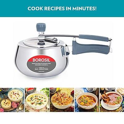 Borosil Pronto Edge Induction Base Inner Lid Stainless Steel Pressure Cooker, 5 L