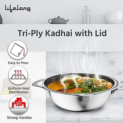 Lifelong LLTPDK006 Triply Deep Kadai with Riveted Handles with Stainless Steel Lid 1.1 litres Capacity