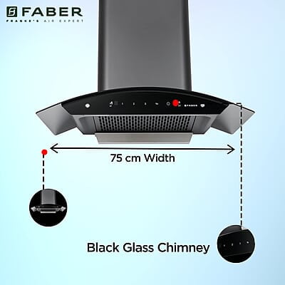 Faber 75 cm, 1200 m³/hr,Auto-Clean curved glass Kitchen Chimney (HOOD SUNNY HC SC BK 75, Filterless technology