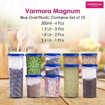 Varmora Magnum Oval Storage Containers  Organised Kitchen  Stackable Durable For Pulses, Rice, Dal, Atta, Flour, Cereals, Snacks, Set of 10