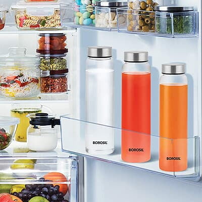 Borosil Crysto Glass Water Bottle, Water Bottle for Fridge, Wide Mouth, Silver Lid, Extreme Temperature Resistant, For Hot & Cold Water, Milk, Lassi, Juice, SS Lid, 1 L, Stylish & Transparent