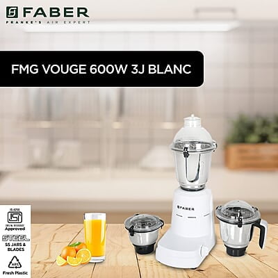 Faber Vogue 600W Blender Mixer Grinder, 3 SS Clip Lock Jars and Blades Copper Motor, up to 19000 RPM Speed