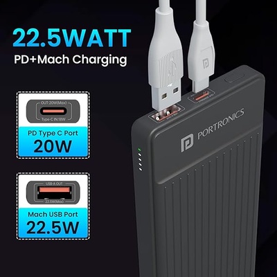 Portronics Luxcell B 10K 10000 mAh 22.5W Fast Charging Power Bank, Ultra Slim Power Bank with Mach USB-A Output, Type C PD Output, Type C Input, Wake Up Button Portronics Luxcell B 10K 10000 mAh 22.5W Fast Charging Power Bank, Ultra Slim Power Bank with Mach USB-A Output, Type C PD Output, Type C Input, Wake Up Button
