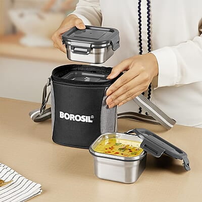 Borosil Feast Stainless Steel Lunch Box with Bag | Set of 3 (520 ml x 1 + 400 ml x 1 + 250 ml x 1), Square