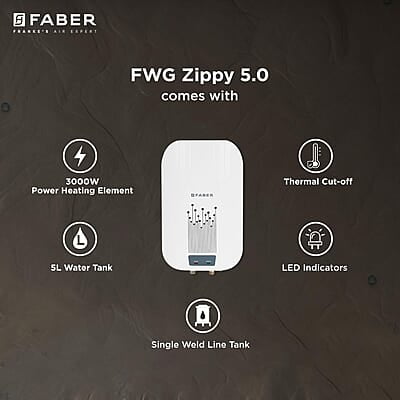 Faber Zippy Instant Geyser 5 Litre 3000W Powerful Heating Superior Energy Efficiency