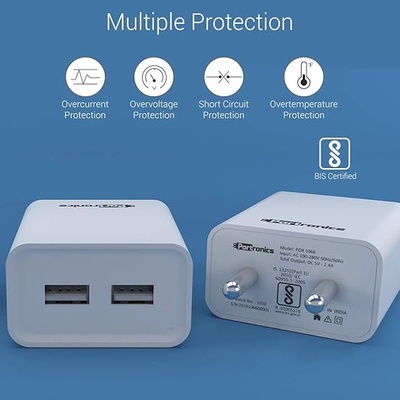 Portronics Adapto 66 POR-1066 2.4A Dual USB Ports Charging Adapter with 1M Micro USB Cable (White) Portronics Adapto 66 POR-1066 2.4A Dual USB Ports Charging Adapter with 1M Micro USB Cable (White)